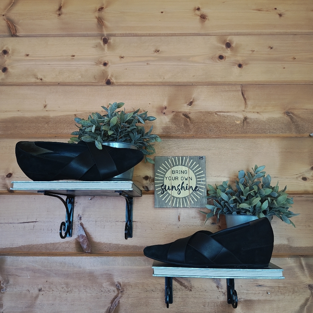 Paul Green‎ Daniella Wedge Pumps Black Suede Leather Almond Cross Cross Sz 6.5